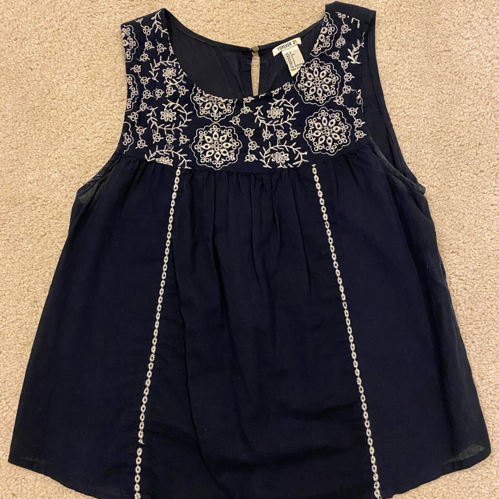 Forever 21 Navy Embroidered Tank Top